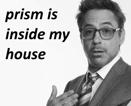 a grayscale image of Robert Downey Junior saying "prism is inside my house"